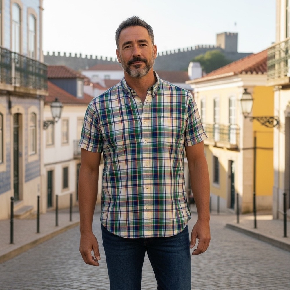 Lisboa Mens XL Short Sleeve Button Down Shirt 100% Cotton Plaid Made in Portugal